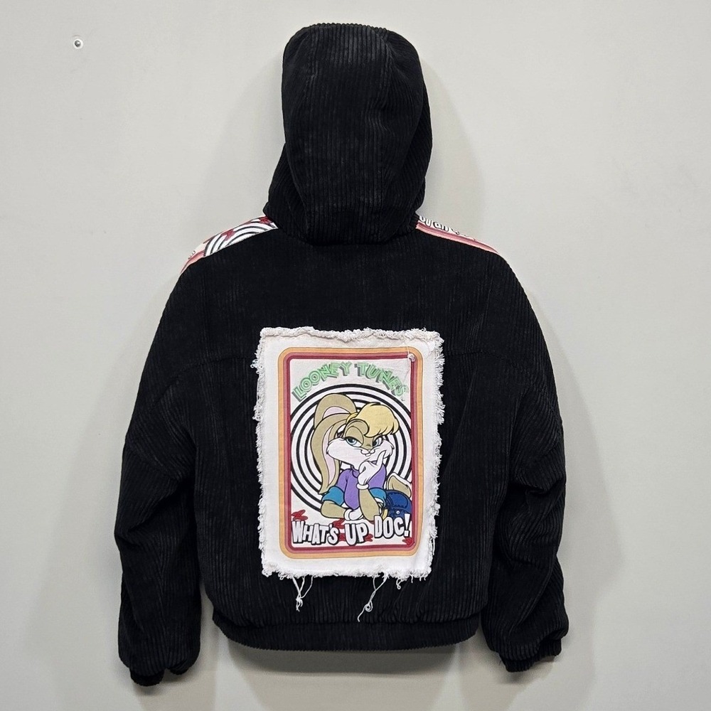 Members Only Looney Tunes Jacket Small Black Corduroy Bugs Bunny Hooded Full Zip